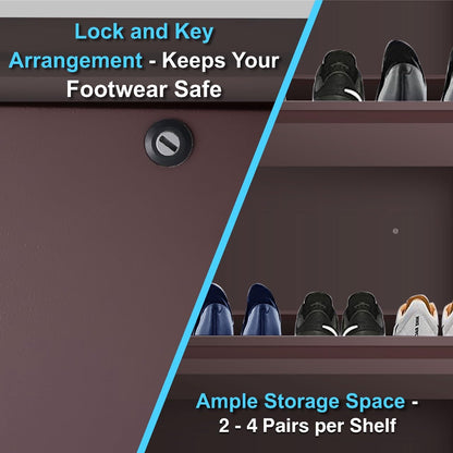 3 Tier Metal Shoe Rack for Home with Doors & Lock | Wall Mount Shoe Cabinet for Home | Space Saving Shoe Organizer Stand for Shoes, Chappals & Sandals. 21 Inch Wide (Brown)