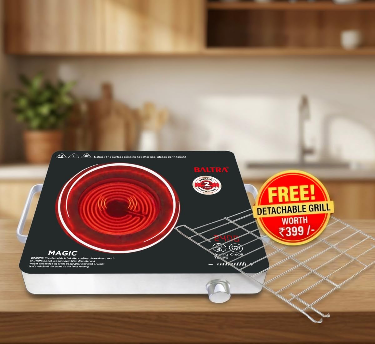 BALTRA Magic 2400 W Infrared Induction Cooktop with Free Stainless Steel Grill for barbecue | Auto Shut Off & Overheat Protection Multi Power Level Function, Digital Display (Black, Touch Control)