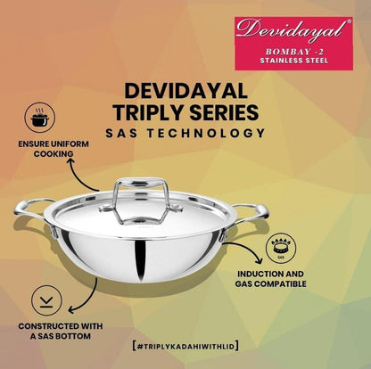 Devidayal Triply Stainless Steel Kadhai with 5 Year Warranty, (26cm | 3.5 LTRS | Silver |Stainless Steel |Induction and Dishwaser Comptible | Easy to Cook), Comes with Lid