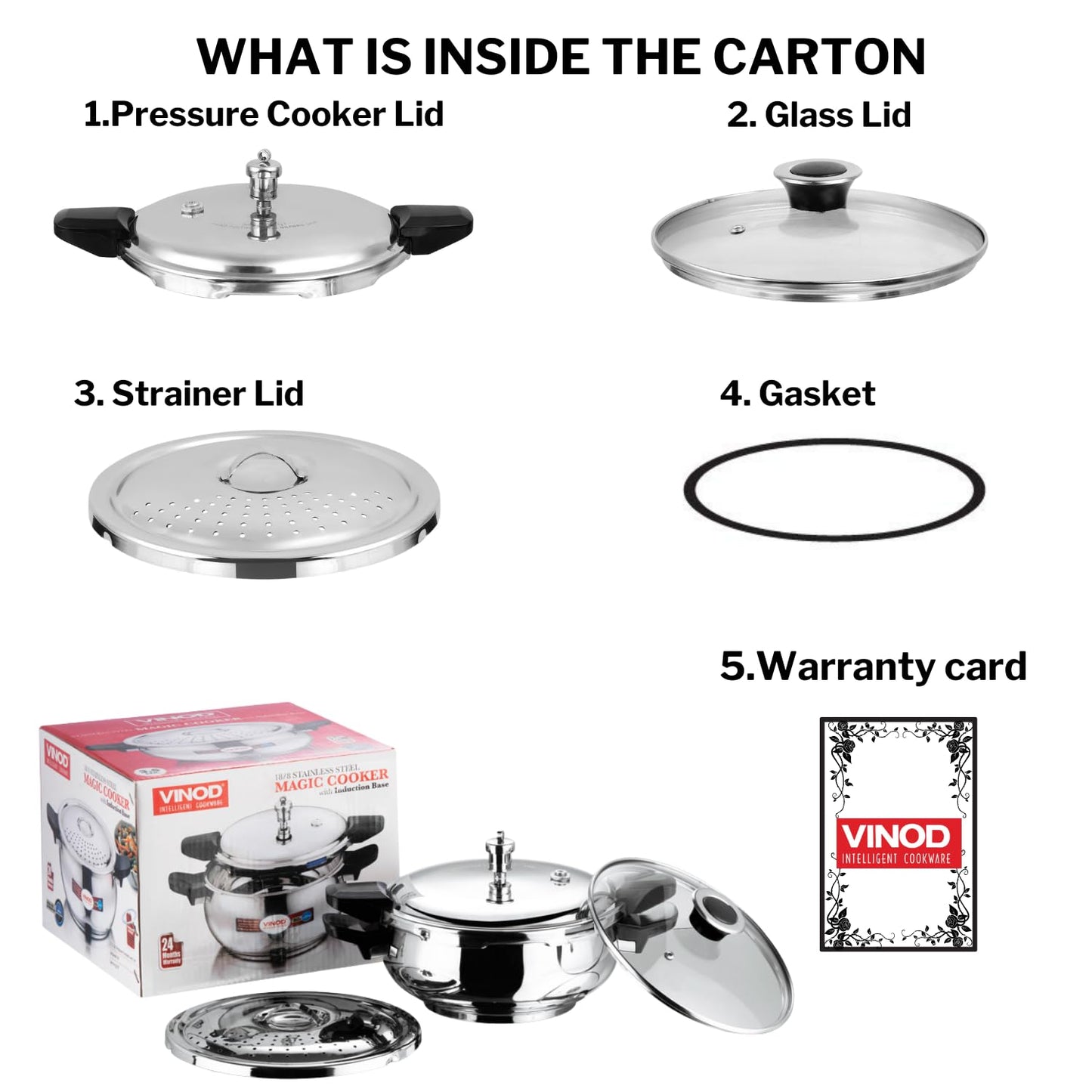 Vinod Magic Stainless Steel 3-in-1 Pressure Cooker, 5.5 L | 5 mm Thick Base with Strainer & Glass Lid | Multi-Purpose Cooker for Rice & Curries | ISI Certified | Induction & Gas Base | 2 Yr Warranty