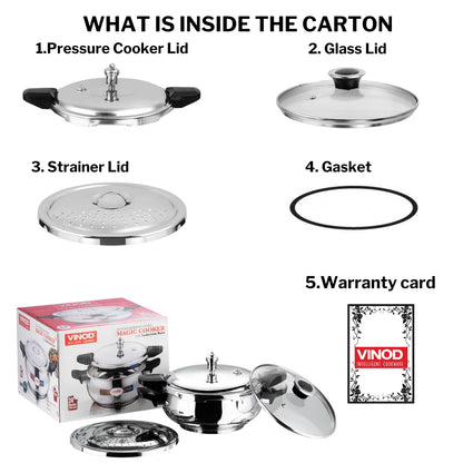 Vinod Magic Stainless Steel 3-in-1 Pressure Cooker, 5.5 L | 5 mm Thick Base with Strainer & Glass Lid | Multi-Purpose Cooker for Rice & Curries | ISI Certified | Induction & Gas Base | 2 Yr Warranty