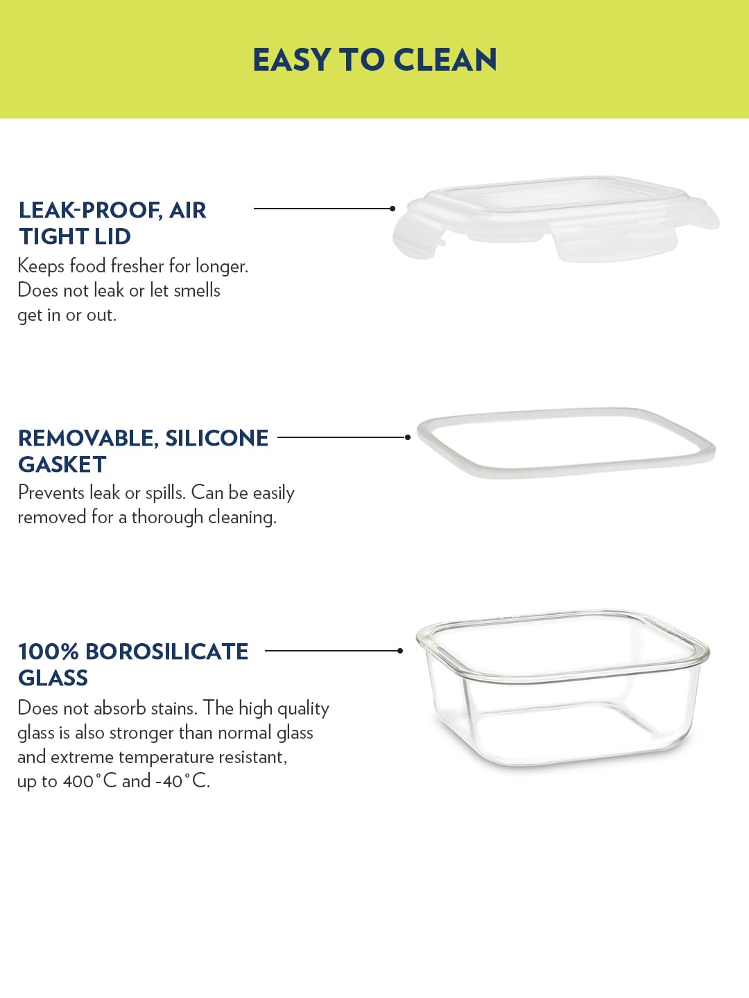 Borosil Klip N Store Glass Storage Container For Kitchen With Air-Tight Lid, Microwave & Oven Safe, Square, 520 ml, Clear