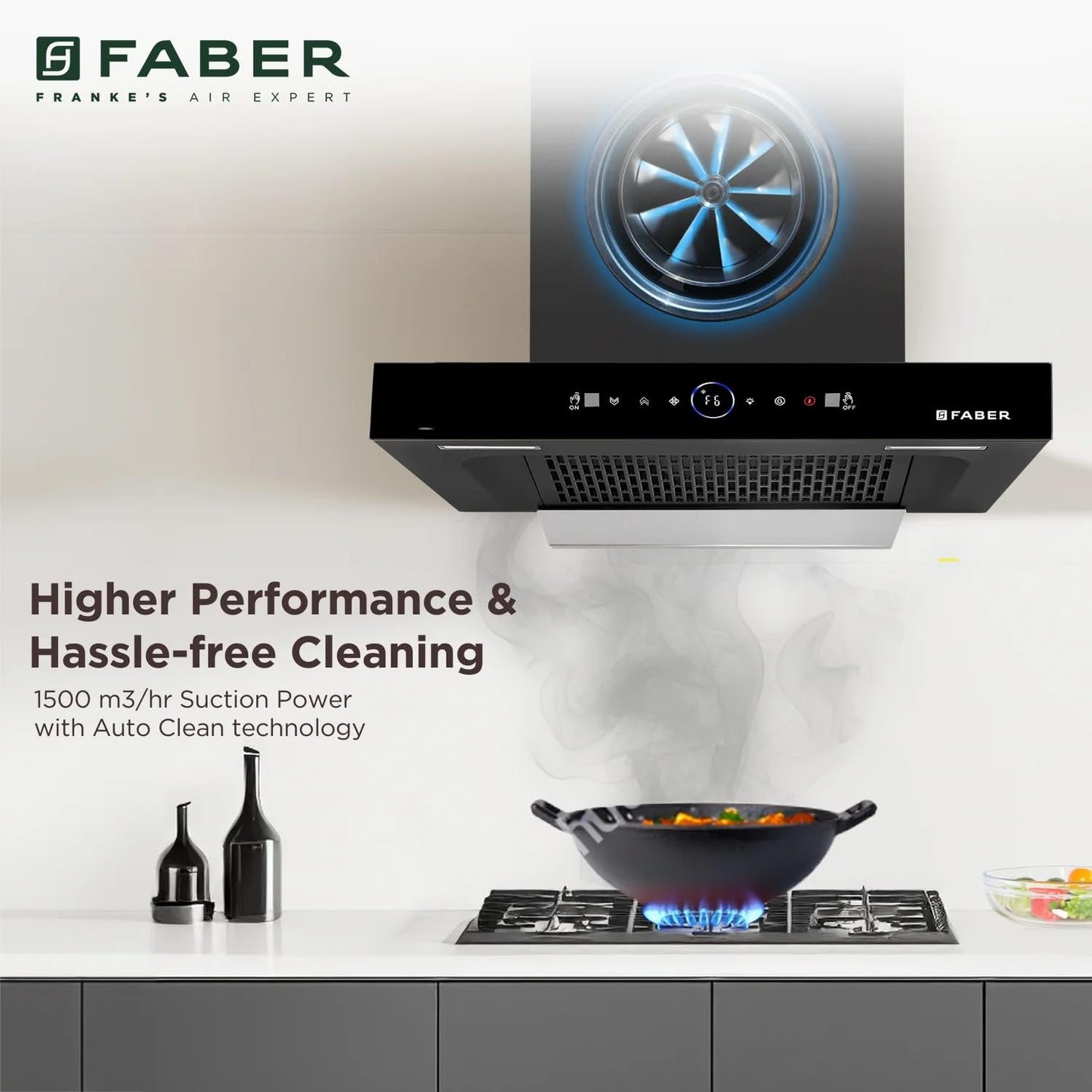 Faber 90 cm 1500 m³/hr Autoclean Kitchen Chimney (HOOD DAZZLE BLDC FL HC BK 90, Filterless technology, Touch & Gesture with Remote control, Black) (Copy)