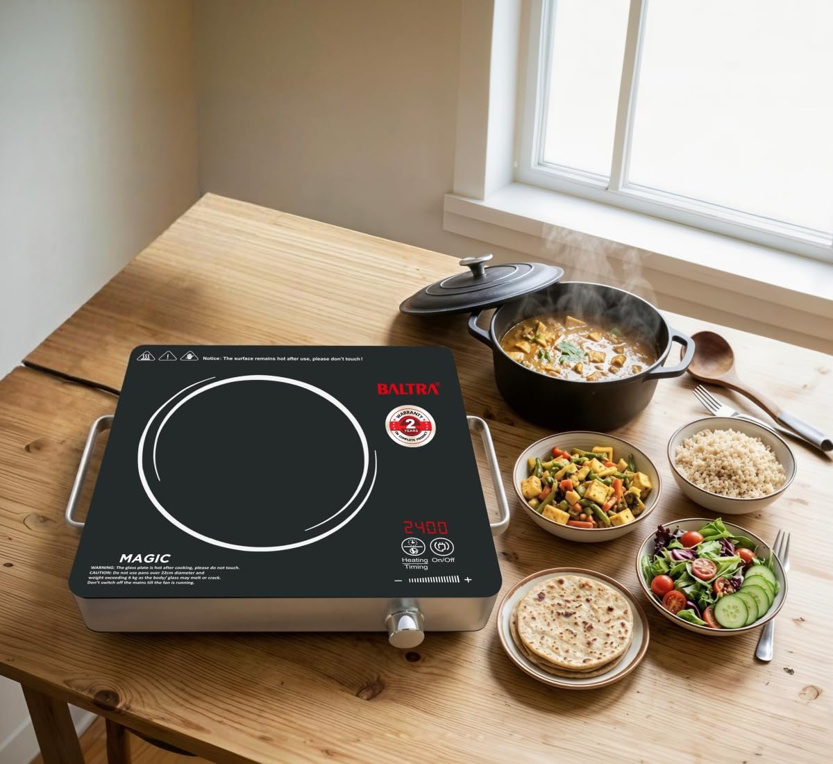 BALTRA Magic 2400 W Infrared Induction Cooktop with Free Stainless Steel Grill for barbecue | Auto Shut Off & Overheat Protection Multi Power Level Function, Digital Display (Black, Touch Control)