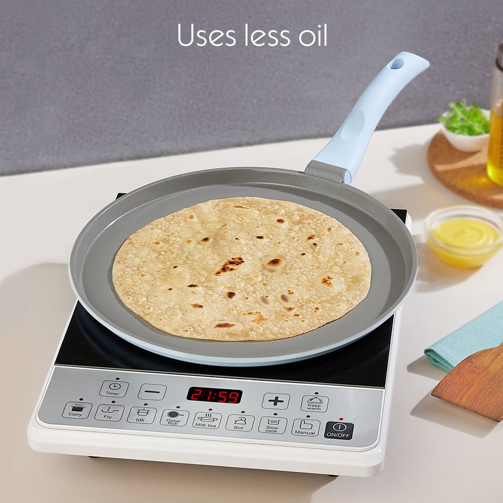 Borosil Ceramic Vajra 28 cm Flat Tawa | Gas Stove & Induction Compatible, Dishwasher Safe | PFOA and PFAS Free Tava | 1 Year Warranty, Sky Blue