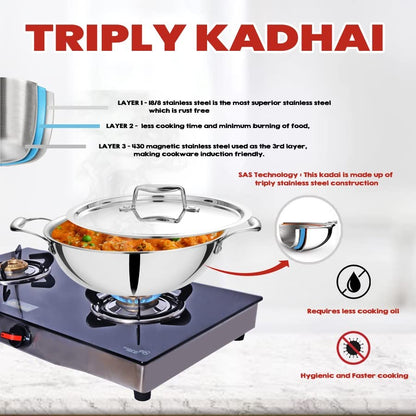 Devidayal Triply Stainless Steel Kadhai with 5 Year Warranty, (26cm | 3.5 LTRS | Silver |Stainless Steel |Induction and Dishwaser Comptible | Easy to Cook), Comes with Lid