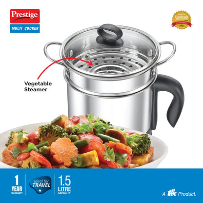 Prestige 1.5L PMC 3.0 Plus Multi Kettle/Multi Cooker|Comes with Idli stand, egg boiling rack & Steamer| Glass Lid with Stainless Steel rim|Temperature Control |Power Indicator (Silver, Black)