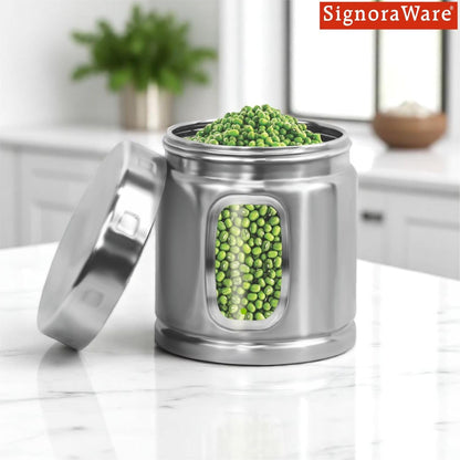 Signoraware 750ml Modular Stainless Steel Deluxe Window Round Container | Airtight & Leakproof | Durable | Kitchen & Pantry Storage | Space Saving | Ideal for Dry Fruits & Snacks Storage (Steel)