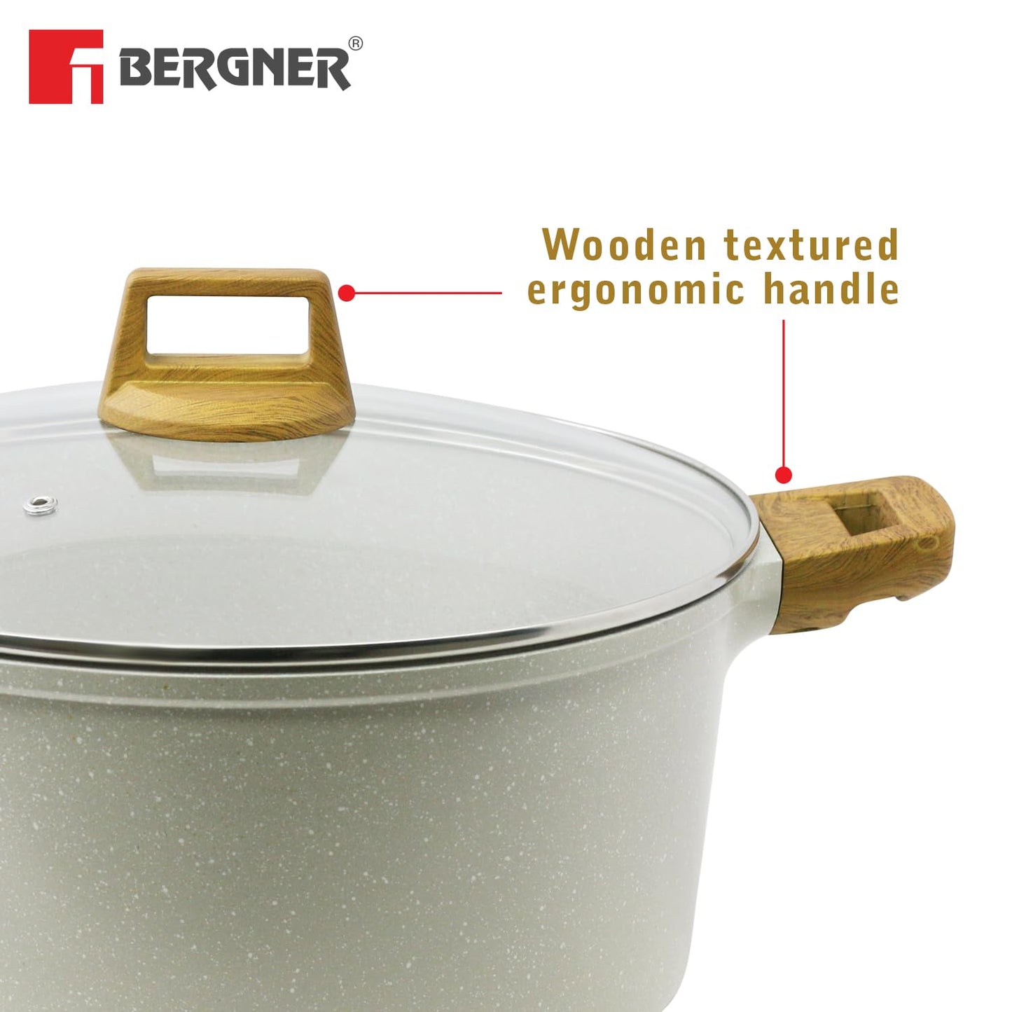 Bergner Naturally Cast Aluminum 28cm (5 L) Casserole with Glass Lid, Marble Non-Stick Coating, Less Oil Use, Scratch Resistant, Soft Touch Stylish Handles - Induction Bottom, Free Non-Woven Trivet
