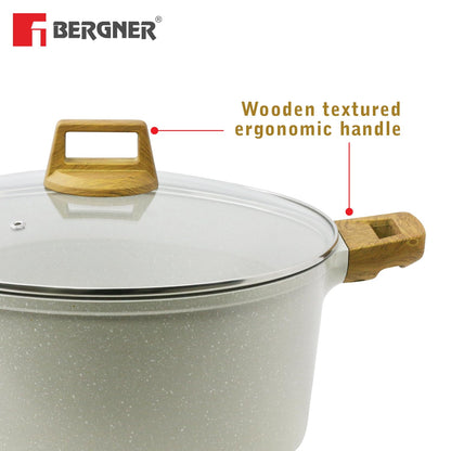 Bergner Naturally Cast Aluminum 28cm (5 L) Casserole with Glass Lid, Marble Non-Stick Coating, Less Oil Use, Scratch Resistant, Soft Touch Stylish Handles - Induction Bottom, Free Non-Woven Trivet