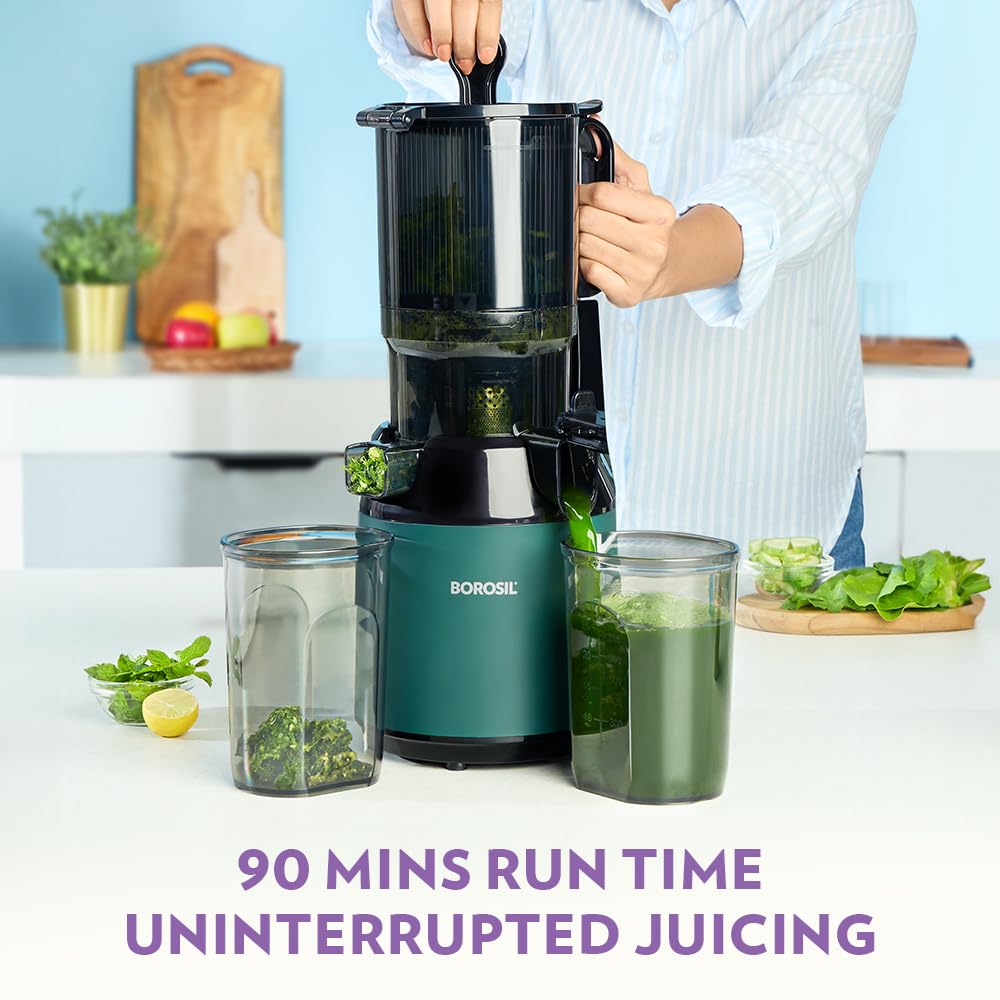 Borosil Vita Rich Cold Press Juicer | 250 Watts, 1.5 L Wide Mouth Hopper, 1 L Jug & Pulp Collector with Anti Drip Tap | Reverse Function for Pulp Cleaner, Auto Cut-Off for Safety | 2 Years Warranty