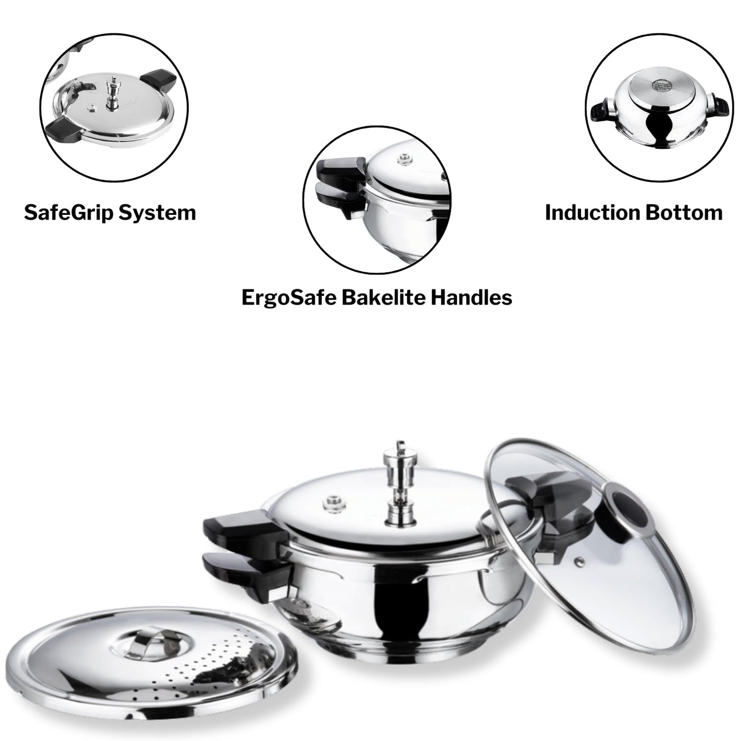 Vinod Magic Stainless Steel 3-in-1 Pressure Cooker, 5.5 L | 5 mm Thick Base with Strainer & Glass Lid | Multi-Purpose Cooker for Rice & Curries | ISI Certified | Induction & Gas Base | 2 Yr Warranty