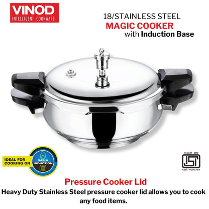 Vinod Magic Stainless Steel 3-in-1 Pressure Cooker, 5.5 L | 5 mm Thick Base with Strainer & Glass Lid | Multi-Purpose Cooker for Rice & Curries | ISI Certified | Induction & Gas Base | 2 Yr Warranty