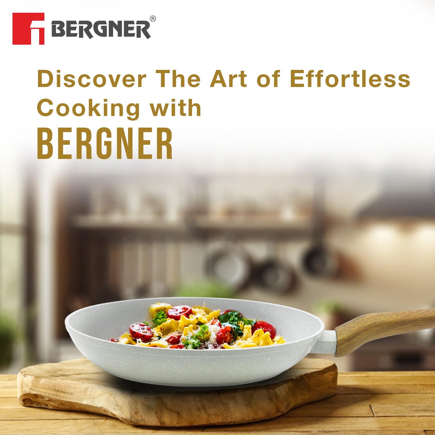 Bergner Naturally Forged Aluminum 24cm Frypan, Marble Non-Stick Coating, Less Oil Use, Scratch Resistant Frying Pan, Durable, Soft Touch Handle, Easy to Clean - Induction Bottom, Free Non-Woven Trivet