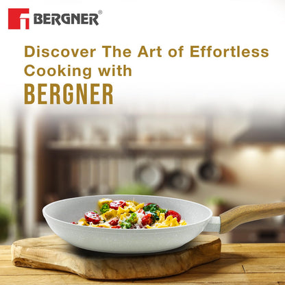Bergner Naturally Forged Aluminum 24cm Frypan, Marble Non-Stick Coating, Less Oil Use, Scratch Resistant Frying Pan, Durable, Soft Touch Handle, Easy to Clean - Induction Bottom, Free Non-Woven Trivet