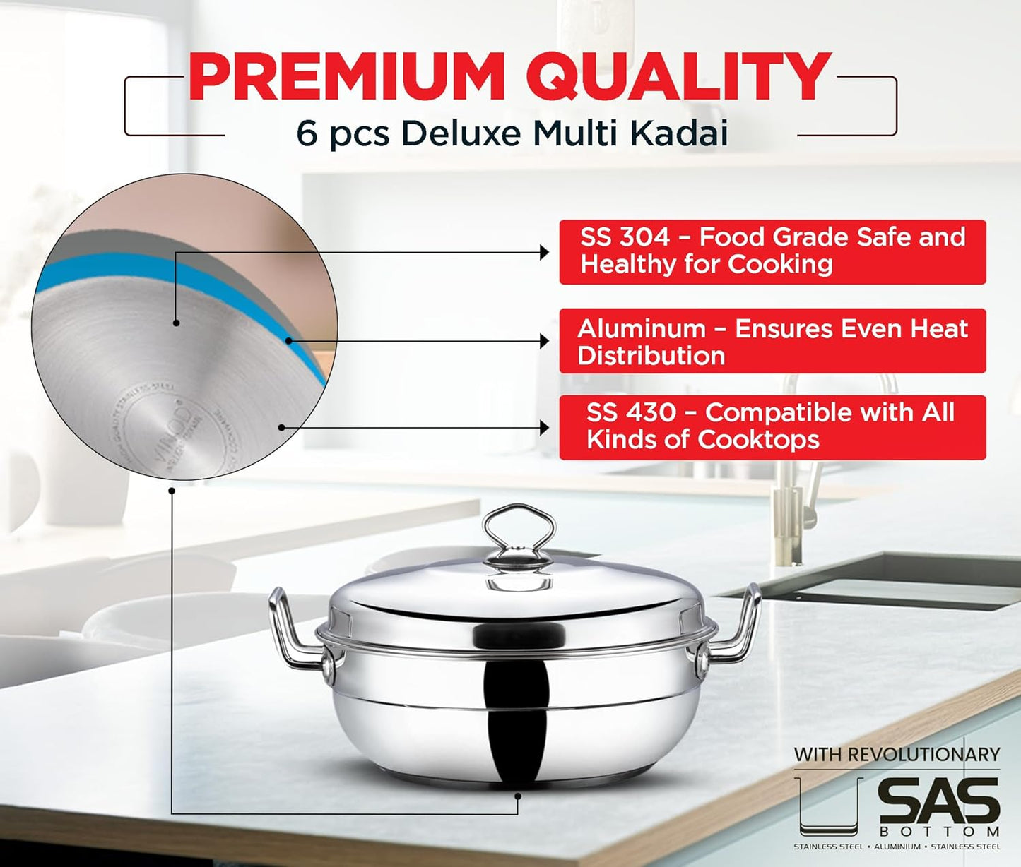 Vinod Stainless Steel Deluxe Multi Kadai with 6 Plates - 26cm, 2 Idli, 2 Dhokla,1 Patra and 1 Mini Idli Plate | Dhokla and Momos Steamer, Maker,Induction Friendly, 3.8 litres