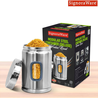 Signoraware 1250ML Modular Stainless Steel Deluxe Window Round Container | Airtight & Leakproof | Durable | Kitchen & Pantry Storage | Space Saving | Ideal for Dry Fruits & Snacks Storage (Steel)