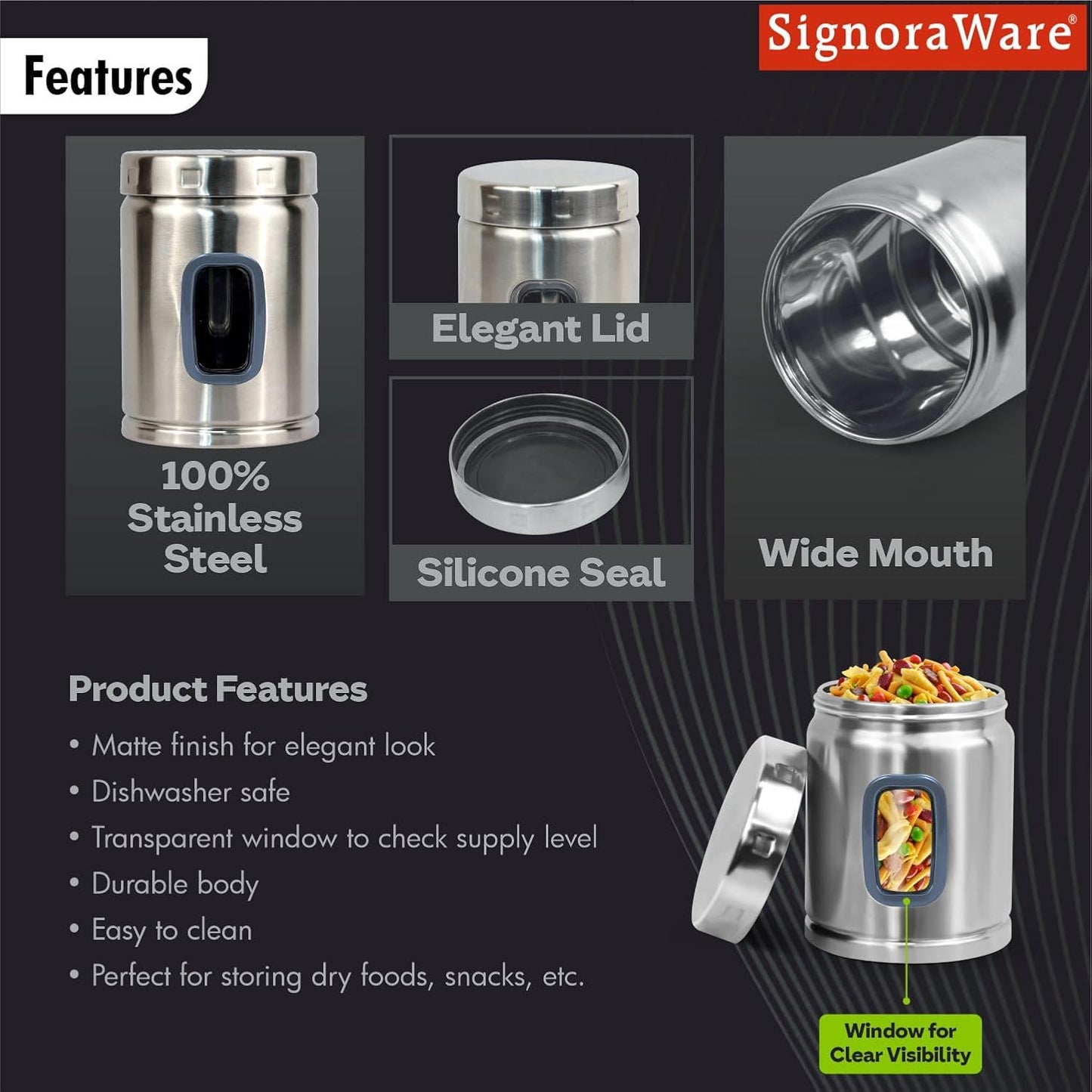 Signoraware 1 Ltr Modular Stainless Steel Deluxe Window Round Container | Airtight & Leakproof | Durable | Kitchen & Pantry Storage | Space Saving | Ideal for Dry Fruits & Snacks Storage (Steel)