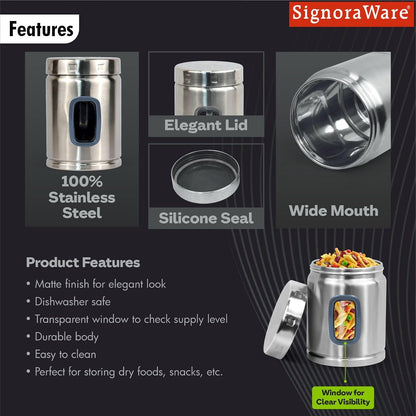 Signoraware 1 Ltr Modular Stainless Steel Deluxe Window Round Container | Airtight & Leakproof | Durable | Kitchen & Pantry Storage | Space Saving | Ideal for Dry Fruits & Snacks Storage (Steel)