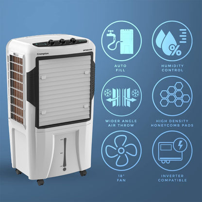 Crompton Optimus Desert Air Cooler 80L| High density honeycomb| Auto fill| Water Level indicator| Fully collapsible Louvers| 4 way Air deflection| Humidity control| Cooling mode & Auto Swing