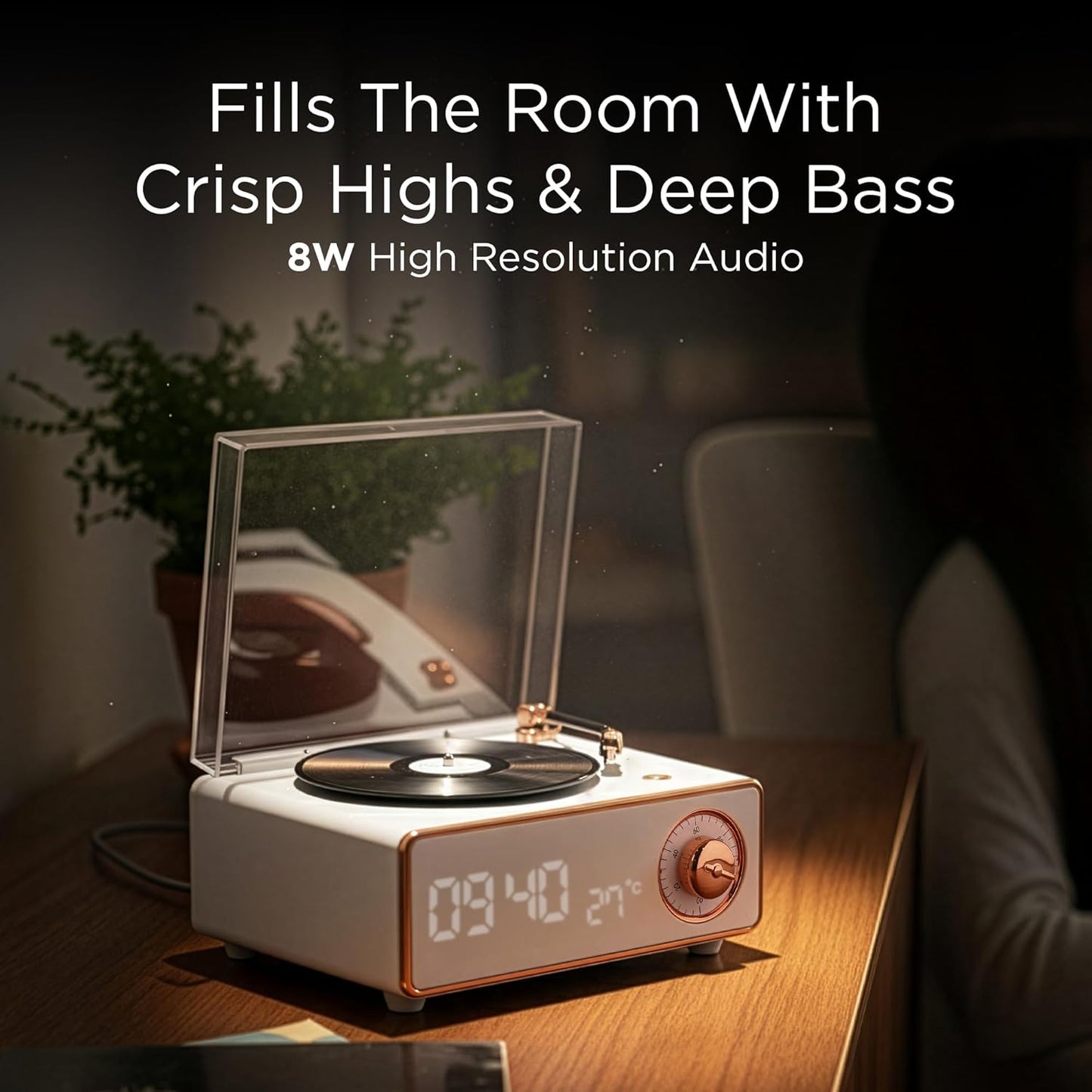 Pebble Newly Launched Disc Retro Bluetooth Speaker with Clock | Rotating Disk LP Design| 8W Sound | 1200mAh Battery | TypeC Charging | Premium Build - Blue