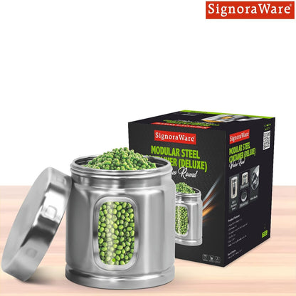 Signoraware 750ml Modular Stainless Steel Deluxe Window Round Container | Airtight & Leakproof | Durable | Kitchen & Pantry Storage | Space Saving | Ideal for Dry Fruits & Snacks Storage (Steel)
