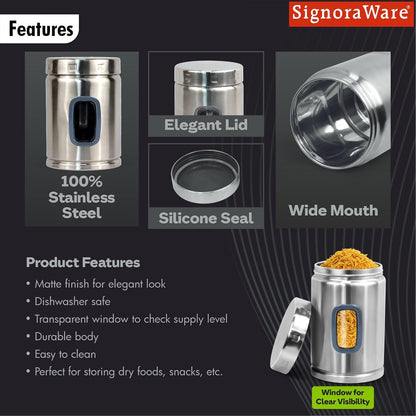 Signoraware 1250ML Modular Stainless Steel Deluxe Window Round Container | Airtight & Leakproof | Durable | Kitchen & Pantry Storage | Space Saving | Ideal for Dry Fruits & Snacks Storage (Steel)