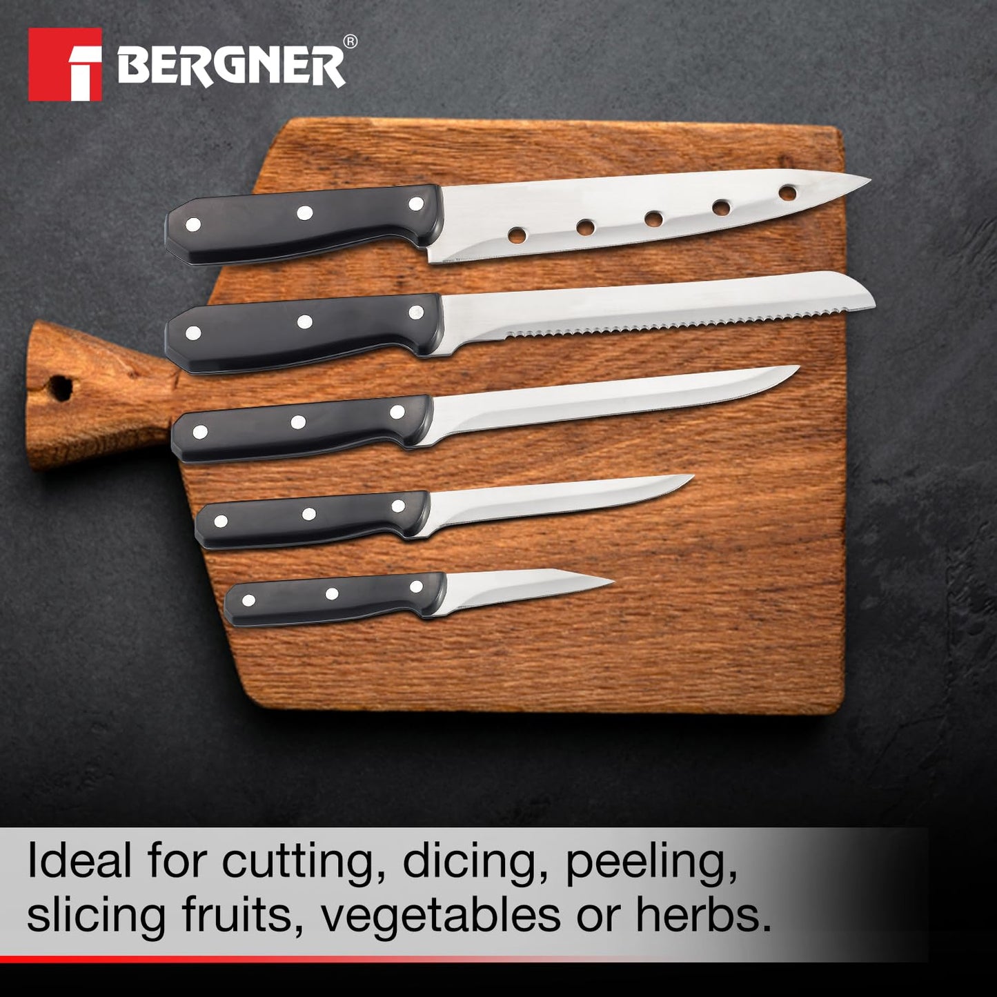 BERGNER Shark Stainless Steel 8 Pcs Knife Set - Chef Knife, Bread Knife, Boning Knife, Utility Knife, Paring Knife, Sharpener, Scissor and Wooden Block, Durable and Sharp Blade, Soft Touch Handle