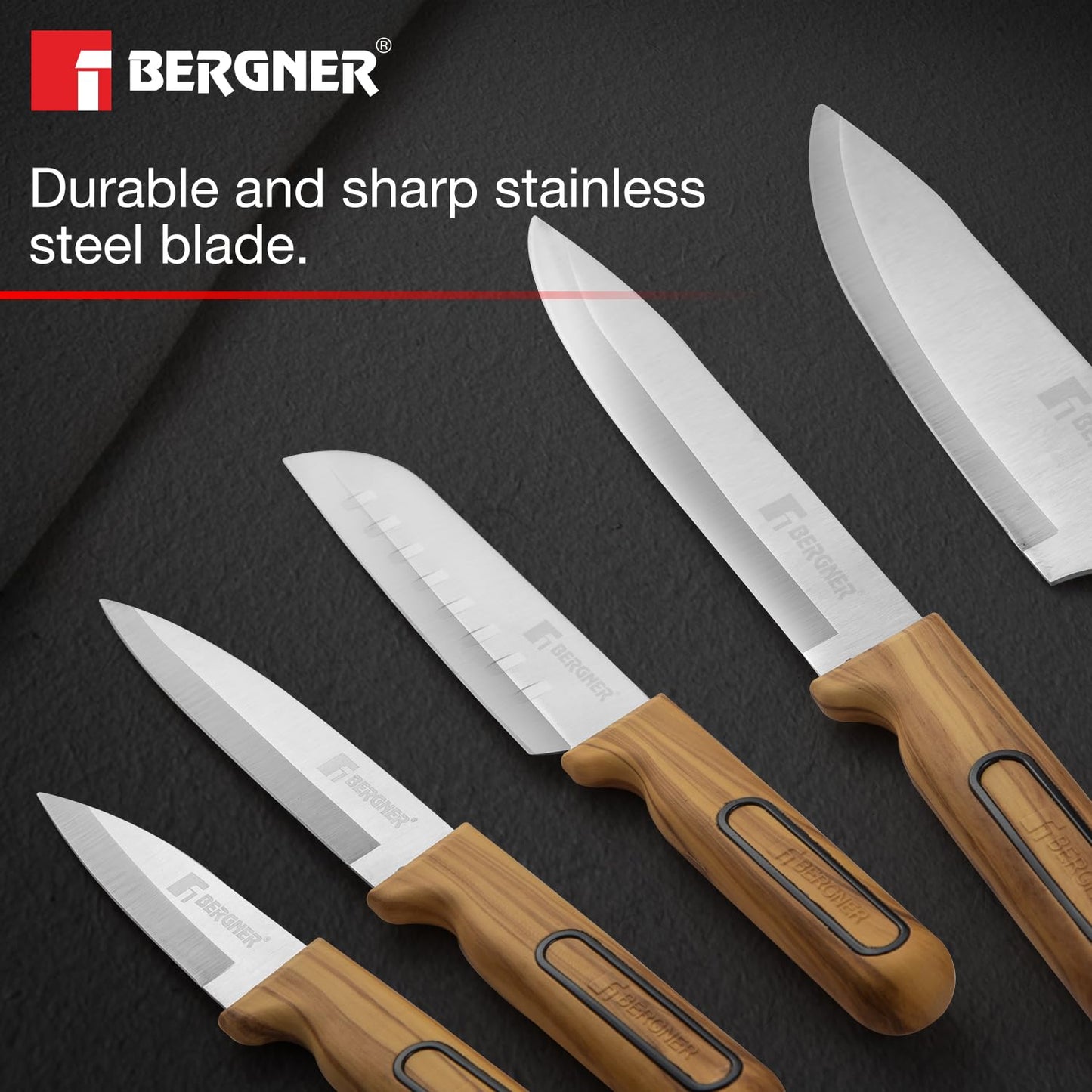 BERGNER Olive Garden Stainless Steel 6 Pcs Knife Set - Kitchen Knife Set of Chef Knife, Santoku Knife, Slicer Knife, Utility Knife, Paring Knife with Wooden Knife Block, Durable, Soft Touch Handle