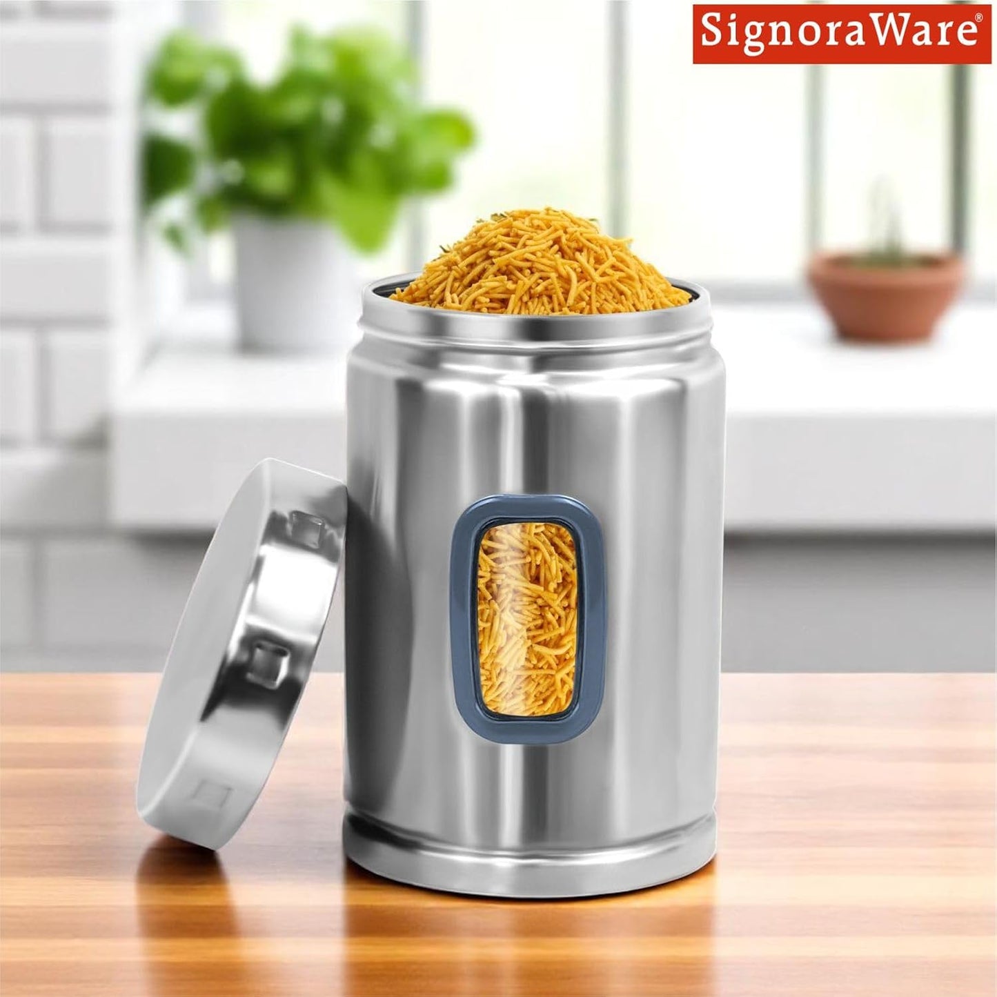Signoraware 1250ML Modular Stainless Steel Deluxe Window Round Container | Airtight & Leakproof | Durable | Kitchen & Pantry Storage | Space Saving | Ideal for Dry Fruits & Snacks Storage (Steel)