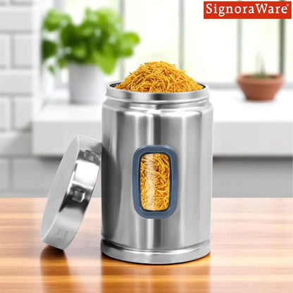 Signoraware 1250ML Modular Stainless Steel Deluxe Window Round Container | Airtight & Leakproof | Durable | Kitchen & Pantry Storage | Space Saving | Ideal for Dry Fruits & Snacks Storage (Steel)