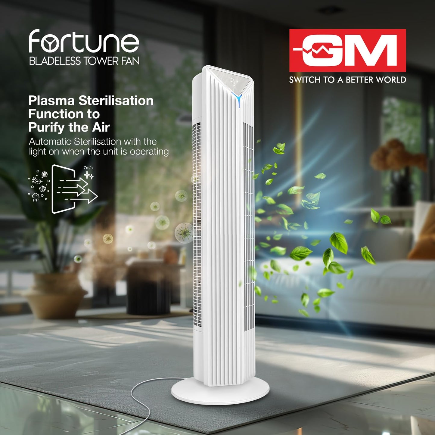 GM Fortune Bladeless Tower Fan with Air Purifier | Super Silent Operation | 90° Horizontal Oscillation | 3 Speed Modes | Up to 8 Hours Timer | Remote for Easy Access | Stylish, Compact Design - White