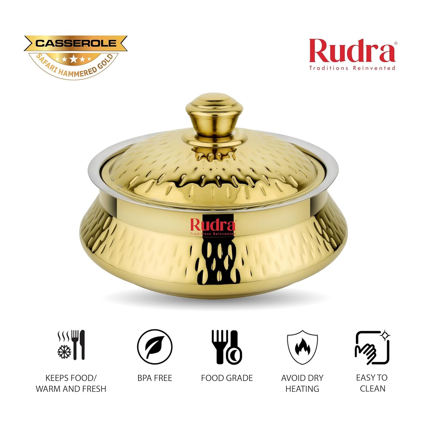 Rudra Safari Hammered Gold Double Walled Stainless Steel Casserole, | PU Insulated | Hot & Cold | Hygiene | Odourless|Easy to Carry| (1.5 Litres)
