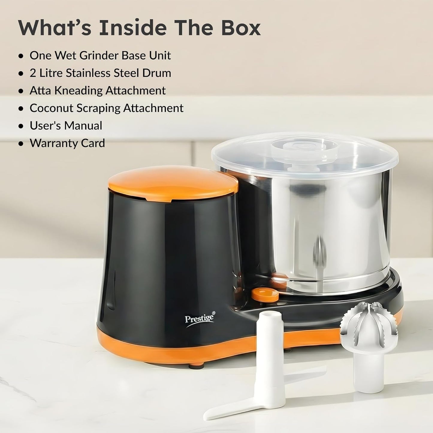 Prestige PWG 07 Wet Grinder with Stainless Steel Drum 200 W, 2 L (Black, Orange)