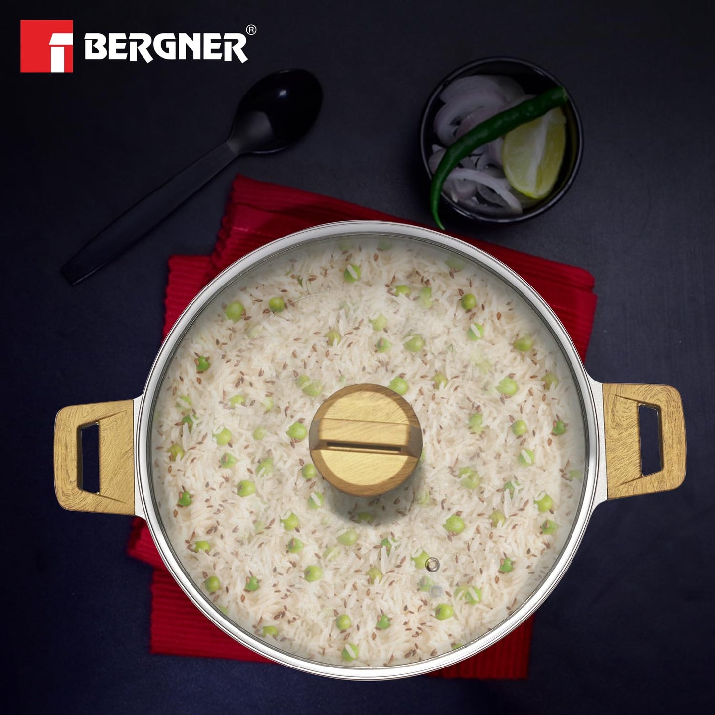 Bergner Naturally Cast Aluminum 28cm (5 L) Casserole with Glass Lid, Marble Non-Stick Coating, Less Oil Use, Scratch Resistant, Soft Touch Stylish Handles - Induction Bottom, Free Non-Woven Trivet