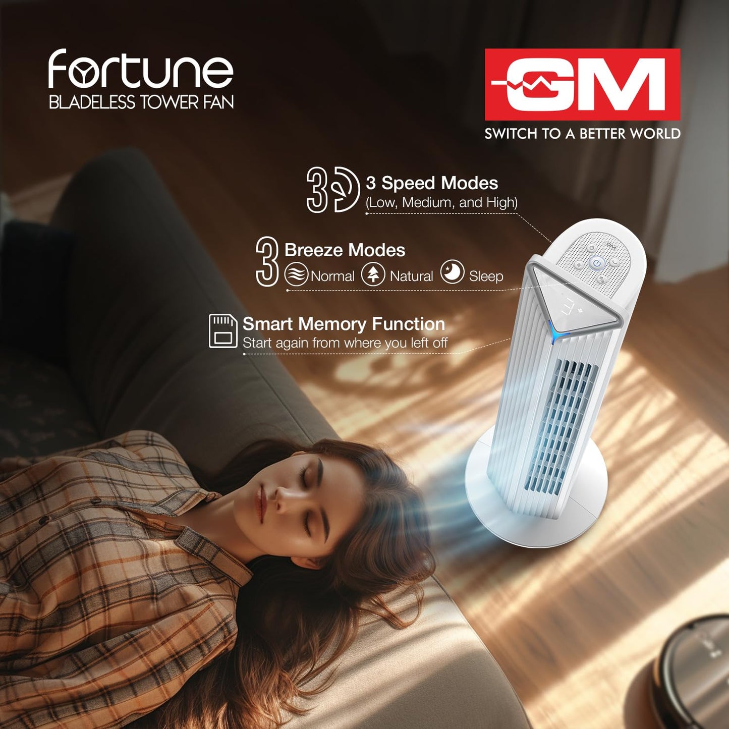 GM Fortune Bladeless Tower Fan with Air Purifier | Super Silent Operation | 90° Horizontal Oscillation | 3 Speed Modes | Up to 8 Hours Timer | Remote for Easy Access | Stylish, Compact Design - White