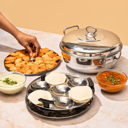 Vinod Stainless Steel Deluxe Multi Kadai with 6 Plates - 26cm, 2 Idli, 2 Dhokla,1 Patra and 1 Mini Idli Plate | Dhokla and Momos Steamer, Maker,Induction Friendly, 3.8 litres