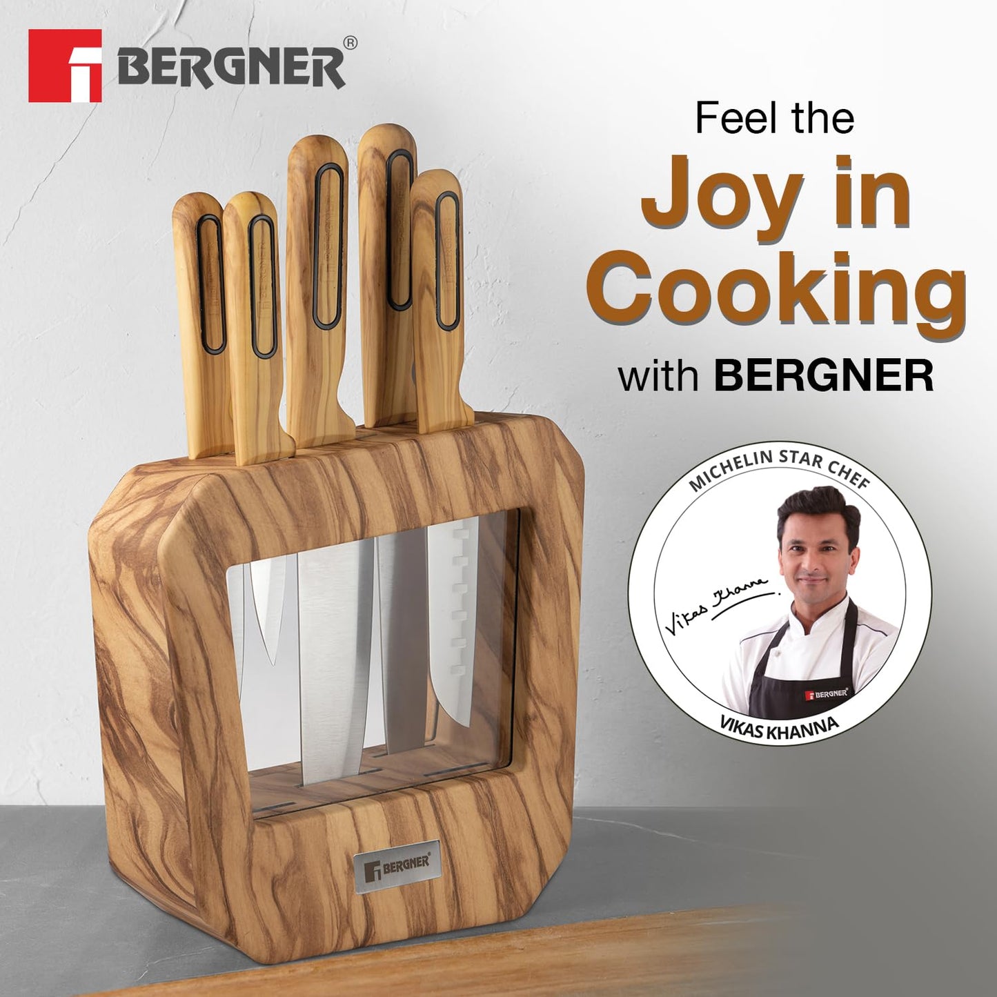 BERGNER Olive Garden Stainless Steel 6 Pcs Knife Set - Kitchen Knife Set of Chef Knife, Santoku Knife, Slicer Knife, Utility Knife, Paring Knife with Wooden Knife Block, Durable, Soft Touch Handle