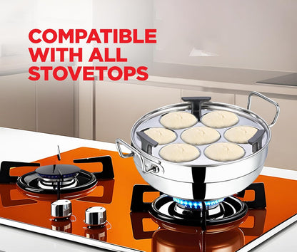 Vinod Stainless Steel Deluxe Multi Kadai with 6 Plates - 26cm, 2 Idli, 2 Dhokla,1 Patra and 1 Mini Idli Plate | Dhokla and Momos Steamer, Maker,Induction Friendly, 3.8 litres