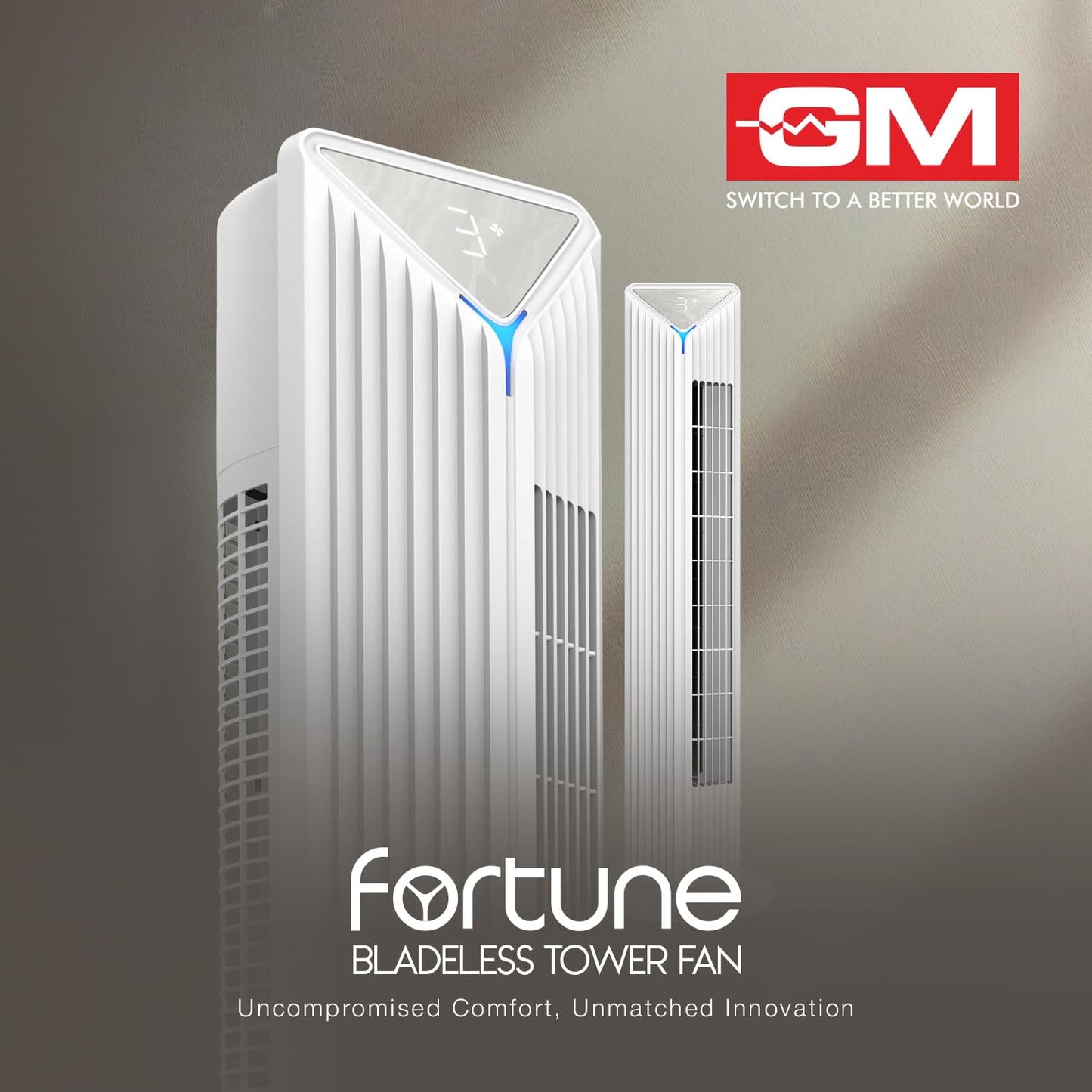 GM Fortune Bladeless Tower Fan with Air Purifier | Super Silent Operation | 90° Horizontal Oscillation | 3 Speed Modes | Up to 8 Hours Timer | Remote for Easy Access | Stylish, Compact Design - White