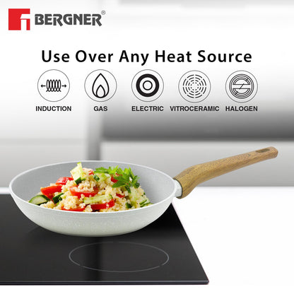 Bergner Naturally Forged Aluminum 24cm Frypan, Marble Non-Stick Coating, Less Oil Use, Scratch Resistant Frying Pan, Durable, Soft Touch Handle, Easy to Clean - Induction Bottom, Free Non-Woven Trivet