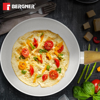 Bergner Naturally Forged Aluminum 24cm Frypan, Marble Non-Stick Coating, Less Oil Use, Scratch Resistant Frying Pan, Durable, Soft Touch Handle, Easy to Clean - Induction Bottom, Free Non-Woven Trivet