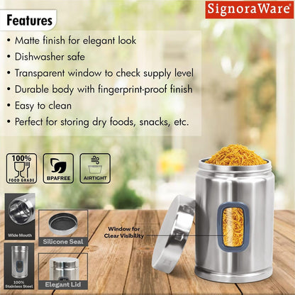 Signoraware 2000ML Modular Stainless Steel Deluxe Window Round Container | Airtight & Leakproof | Durable | Kitchen & Pantry Storage | Space Saving | Ideal for Dry Fruits & Snacks Storage (Steel)