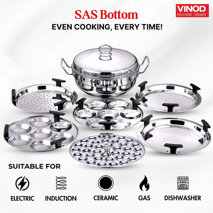 Vinod Stainless Steel Deluxe Multi Kadai with 6 Plates - 26cm, 2 Idli, 2 Dhokla,1 Patra and 1 Mini Idli Plate | Dhokla and Momos Steamer, Maker,Induction Friendly, 3.8 litres