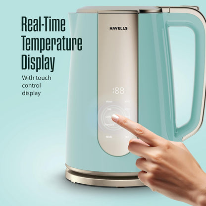 Havells CRAFT Kettle | OptiHeat Technology | Real Time Temperature Display | 12 Hour Keep Warm Function | Strix Controller for 5x Lifespan | Triple Safety Protection (Blue & Gold)