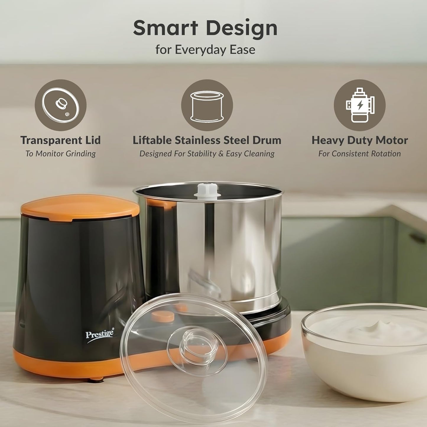 Prestige PWG 07 Wet Grinder with Stainless Steel Drum 200 W, 2 L (Black, Orange)