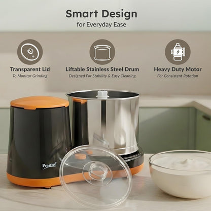 Prestige PWG 07 Wet Grinder with Stainless Steel Drum 200 W, 2 L (Black, Orange)
