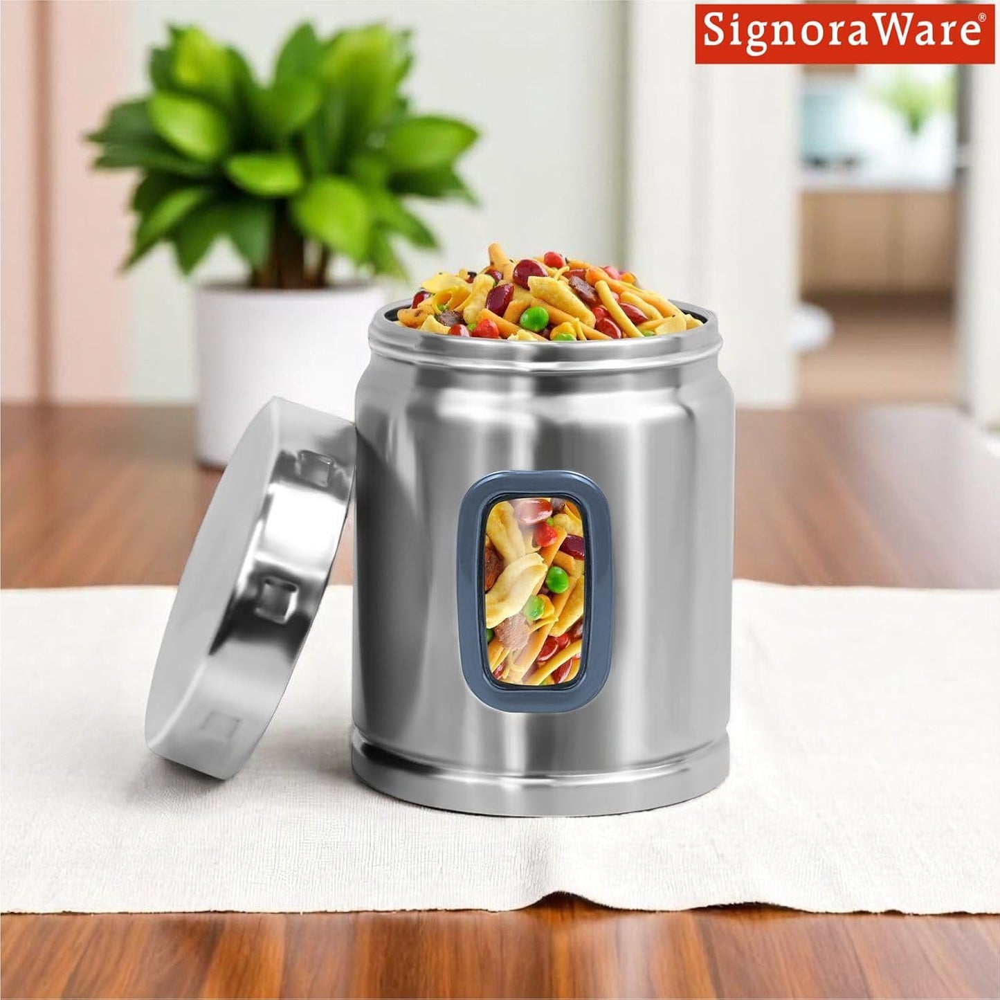 Signoraware 1 Ltr Modular Stainless Steel Deluxe Window Round Container | Airtight & Leakproof | Durable | Kitchen & Pantry Storage | Space Saving | Ideal for Dry Fruits & Snacks Storage (Steel)