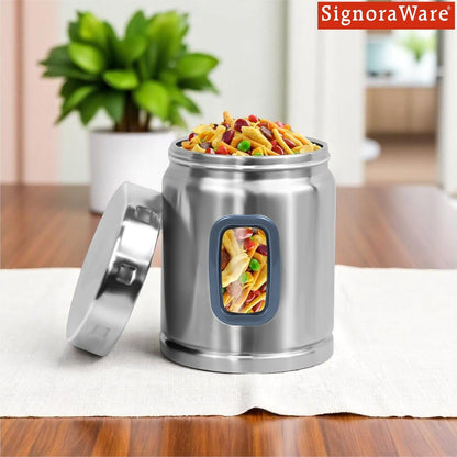 Signoraware 1 Ltr Modular Stainless Steel Deluxe Window Round Container | Airtight & Leakproof | Durable | Kitchen & Pantry Storage | Space Saving | Ideal for Dry Fruits & Snacks Storage (Steel)