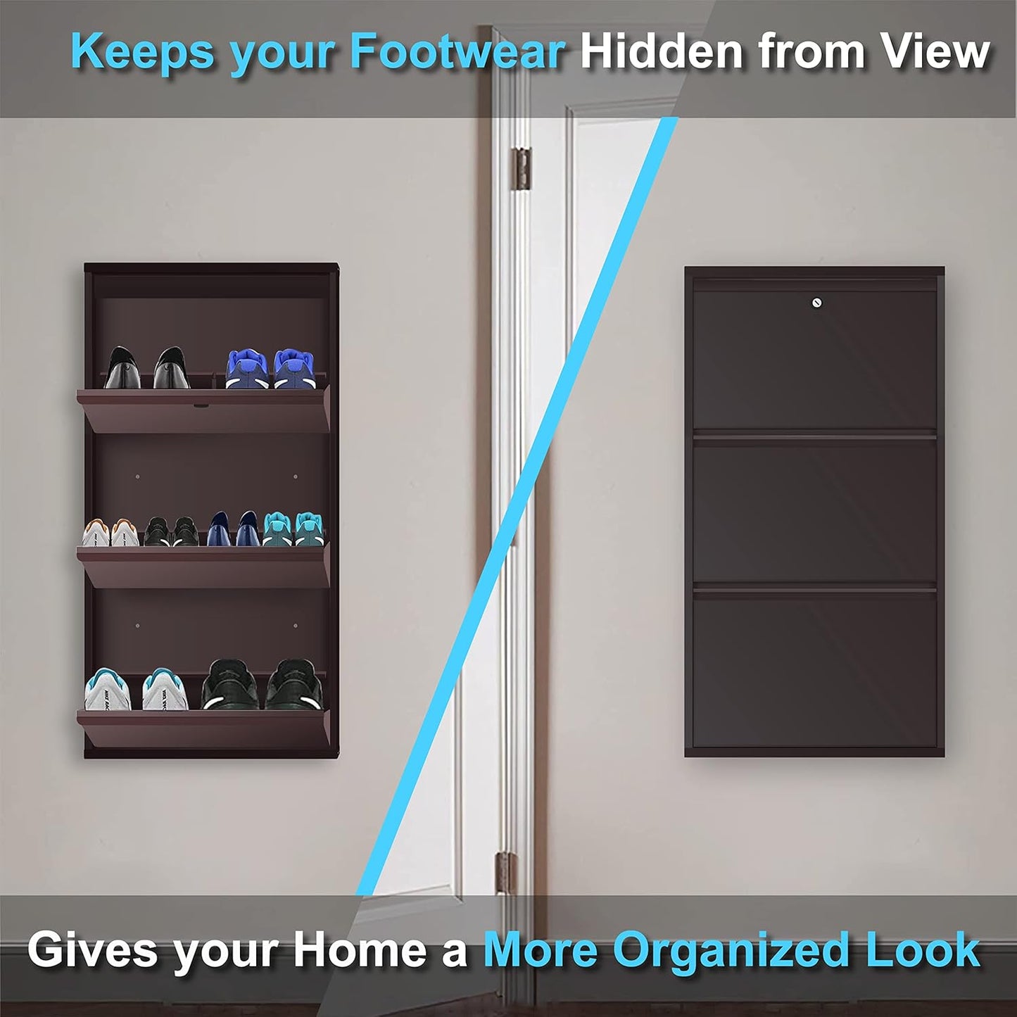 3 Tier Metal Shoe Rack for Home with Doors & Lock | Wall Mount Shoe Cabinet for Home | Space Saving Shoe Organizer Stand for Shoes, Chappals & Sandals. 21 Inch Wide (Brown)